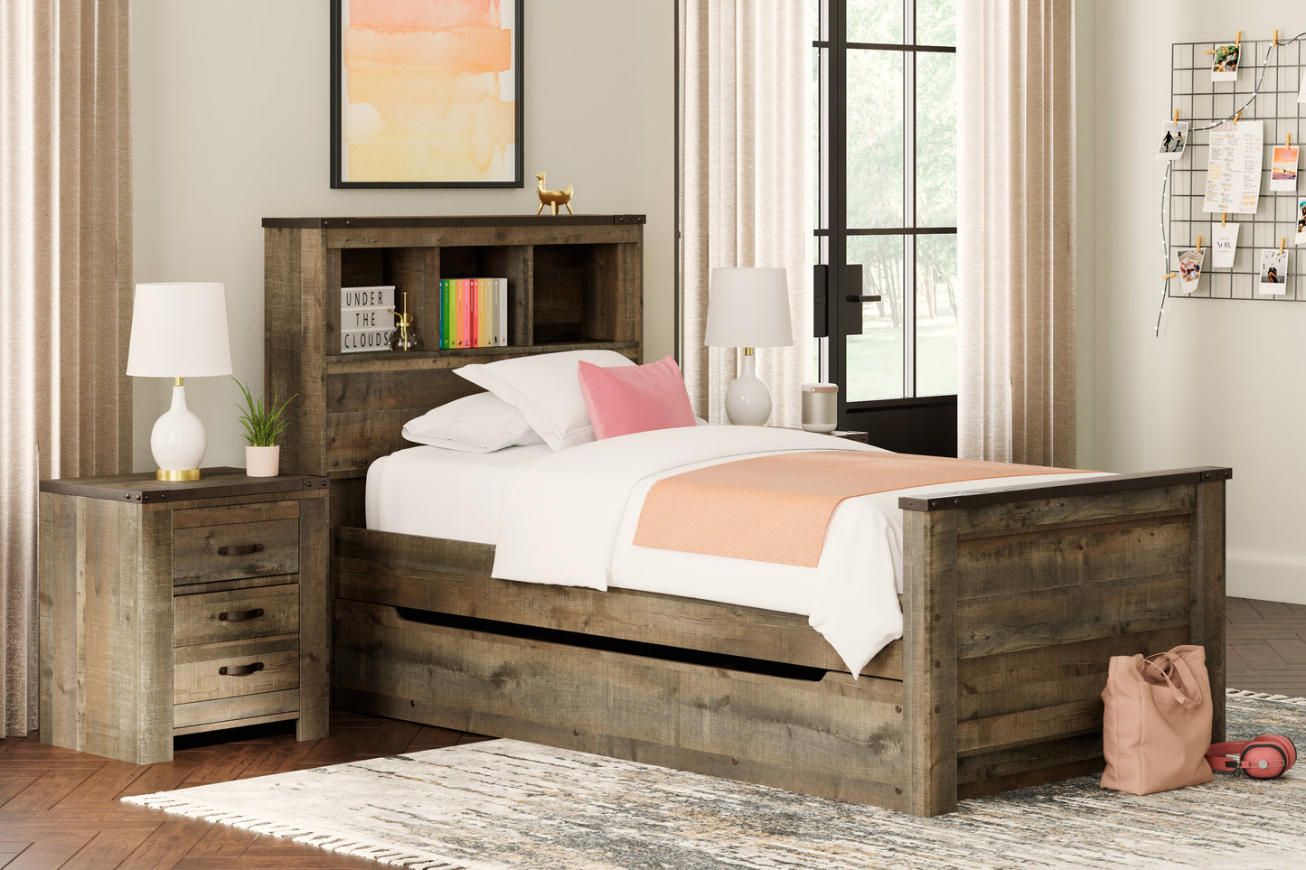 Cama librería individual Trinell con 1 cajón grande de almacenamiento