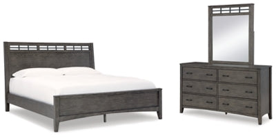 Cama Queen Montillan con paneles, cómoda y espejo