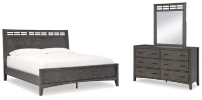 Cama King con paneles, cómoda y espejo Montillan