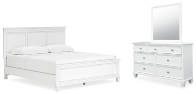 Cama King Fortman con paneles, cómoda y espejo