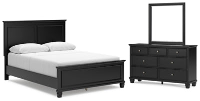 Cama Queen con paneles, tocador y espejo Lanolee