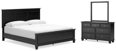 Cama California King con paneles, tocador y espejo Lanolee