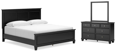 Cama King con paneles, tocador y espejo Lanolee