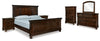 Cama Porter California King con paneles, tocador, espejo, cómoda y dos mesitas de noche
