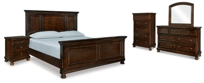 Cama Porter King con paneles, tocador, espejo, cómoda y mesita de noche