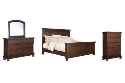 Cama Porter King con paneles, tocador, espejo y cómoda