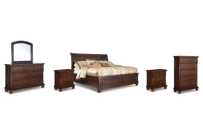 Cama Queen Porter con almacenamiento, tocador, espejo, cómoda y dos mesitas de noche