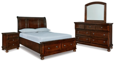 Cama Queen Porter con almacenamiento, tocador, espejo y mesita de noche