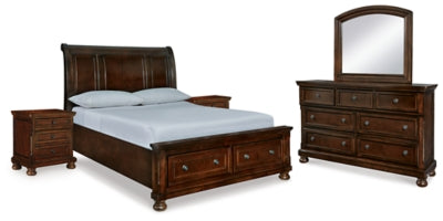 Cama Queen Porter con almacenaje, tocador, espejo y dos mesitas de noche