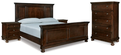 Cama Porter King con paneles, cómoda y dos mesitas de noche