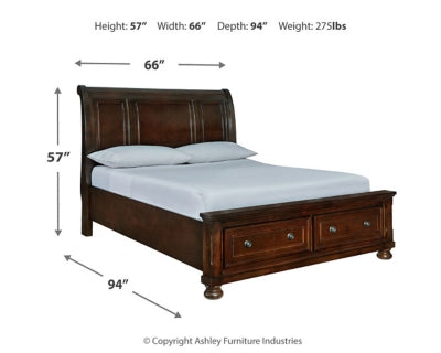 Cama Porter Queen tipo trineo, tocador, espejo, cómoda y mesita de noche