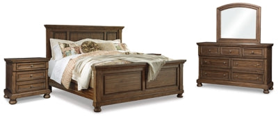 Cama Flynnter King con paneles, tocador, espejo y dos mesitas de noche