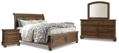 Cama Queen tipo trineo con almacenaje, tocador, espejo y mesita de noche Flynnter