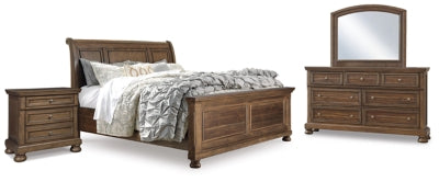 Cama Queen tipo trineo Flynnter, tocador, espejo y dos mesitas de noche