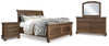 Cama Queen tipo trineo Flynnter, tocador, espejo y dos mesitas de noche