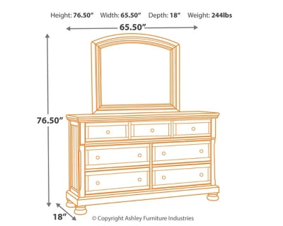 Cama Flynnter King con paneles, dos cómodas, espejo, cómoda y dos mesitas de noche