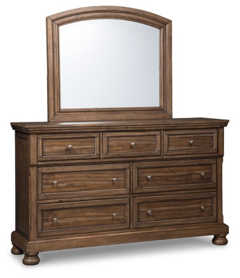 Cama Flynnter King con paneles, dos cómodas, espejo, cómoda y dos mesitas de noche