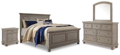 Cama Lettner King con paneles, tocador, espejo y mesita de noche