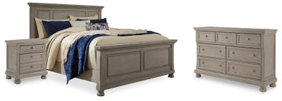 Cama Queen con paneles, cómoda y mesita de noche Lettner