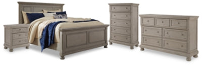 Cama Lettner California King con paneles, cómoda, arcón y dos mesitas de noche
