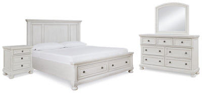 Cama Queen Robbinsdale con almacenaje, tocador, espejo y mesita de noche