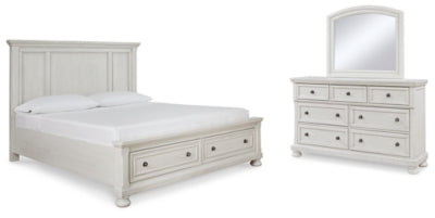 Cama King Robbinsdale con almacenamiento, tocador y espejo
