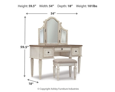 Realyn Full Panel Bed, Dresser, Mirror, 3-Piece Vanity and Nightstand