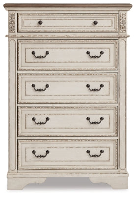 Realyn Queen Upholstered Panel Bed, Dresser, Mirror, Chest and 2 Nightstands