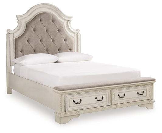 Realyn Queen Upholstery Panel Bed, Dresser, Chest, Nightstand, and Vanity Set