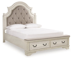 Realyn Queen Upholstery Panel Bed, Dresser, Chest, Nightstand, and Vanity Set
