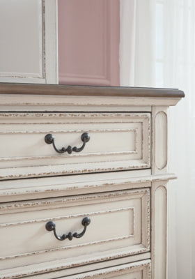 Realyn Queen Upholstery Panel Bed, Dresser, Chest, Nightstand, and Vanity Set