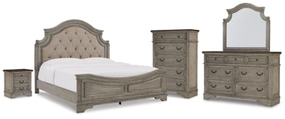 Cama King tapizada con paneles, tocador, espejo, cómoda y mesita de noche Lodenbay