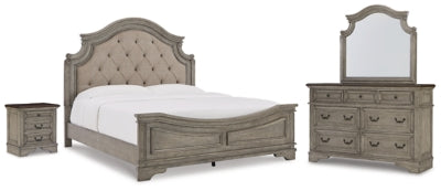 Cama King tapizada con paneles, tocador, espejo y mesita de noche Lodenbay