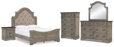 Cama Queen tapizada con paneles, tocador, espejo, cómoda y mesita de noche Lodenbay