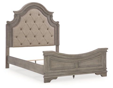 Cama Queen tapizada con paneles, tocador, espejo, cómoda y mesita de noche Lodenbay
