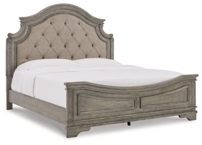 Cama King tapizada con paneles, tocador, espejo, cómoda y mesita de noche Lodenbay