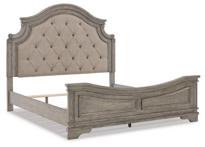 Cama King tapizada con paneles, tocador, espejo, cómoda y mesita de noche Lodenbay