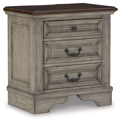 Cama King tapizada con paneles, tocador, espejo, cómoda y mesita de noche Lodenbay