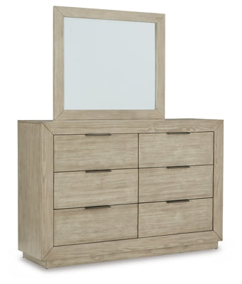 Cama tapizada Hennington California King, tocador y espejo