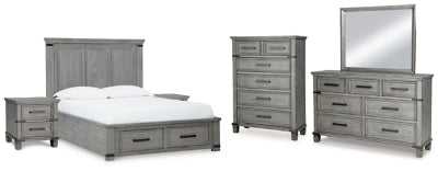 Cama Queen Russelyn con almacenamiento, tocador, espejo, cómoda y dos mesitas de noche