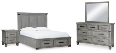 Cama Queen Russelyn con almacenamiento, tocador, espejo y mesita de noche