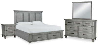 Cama King Russelyn con almacenamiento, tocador, espejo y dos mesitas de noche