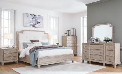 Jorlaina King Upholstered Panel Bed, Dresser and Mirror