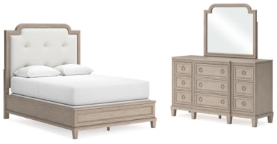 Jorlaina Queen Upholstered Panel Bed, Dresser and Mirror