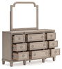 Jorlaina Queen Upholstered Panel Bed, Dresser and Mirror