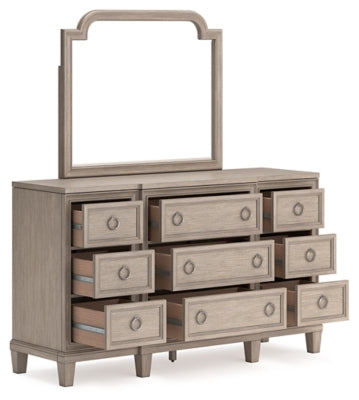 Jorlaina California King Upholstered Panel Bed, Dresser and Mirror