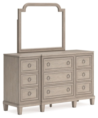 Jorlaina California King Upholstered Panel Bed, Dresser and Mirror