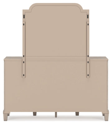 Jorlaina Queen Upholstered Panel Bed, Dresser and Mirror