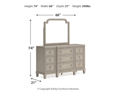 Jorlaina King Upholstered Panel Bed, Dresser and Mirror