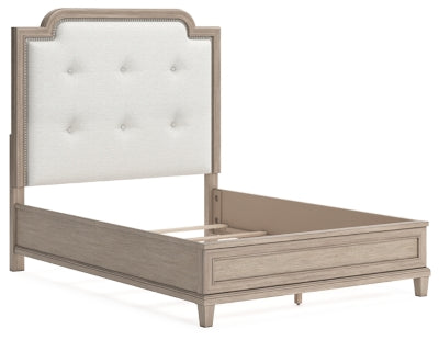 Jorlaina Queen Upholstered Panel Bed, Dresser and Mirror